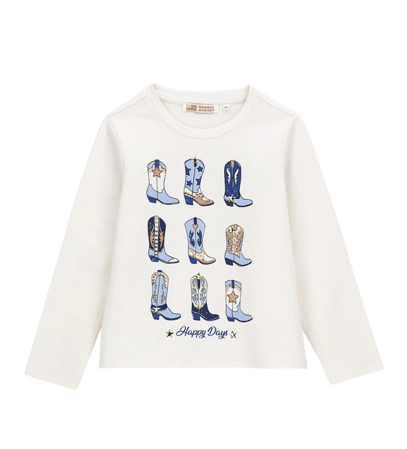 Μπλούζα από ελαστικό βαμβάκι με μακριά μανίκια και στρογγυλή λαιμόκοψη. Το μπροστινό τύπωμα είναι διακοσμημένο με γκλίτερ λεπτομέρειες και τρουκς, προσφέροντας λαμπερό και μοντέρνο στυλ. Ιδανική για κοριτσίστικες εμφανίσεις με άνεση και λάμψη.