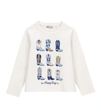 Μπλούζα από ελαστικό βαμβάκι με μακριά μανίκια και στρογγυλή λαιμόκοψη. Το μπροστινό τύπωμα είναι διακοσμημένο με γκλίτερ λεπτομέρειες και τρουκς, προσφέροντας λαμπερό και μοντέρνο στυλ. Ιδανική για κοριτσίστικες εμφανίσεις με άνεση και λάμψη.