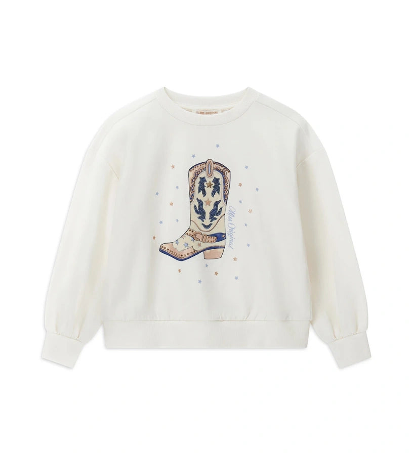 Φούτερ από ελαστικό βαμβάκι με απαλή φλις επένδυση εσωτερικά, στρογγυλή λαιμόκοψη και μακριά μανίκια. Διαθέτει ριμπ τελειώματα και διακοσμητικό foil τύπωμα με τρουκς και λαμπερές παγιέτες, προσθέτοντας μια κομψή και φωτεινή πινελιά σε κάθε κοριτσίστικη εμφάνιση.