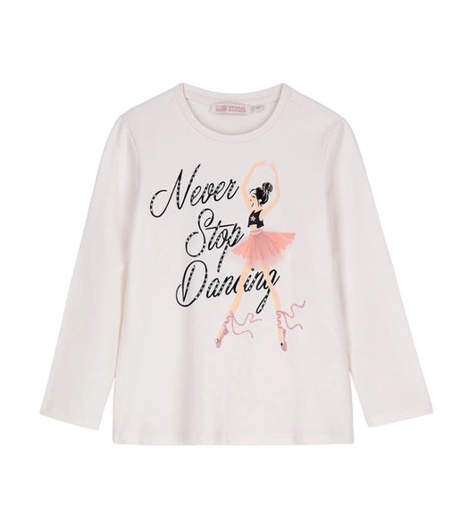 Μπλούζα από ελαστικό βαμβάκι με στρογγυλή λαιμόκοψη και μακριά μανίκια. Το τύπωμα και οι λεπτομέρειες με στρας προσθέτουν μια λαμπερή και μοντέρνα πινελιά.