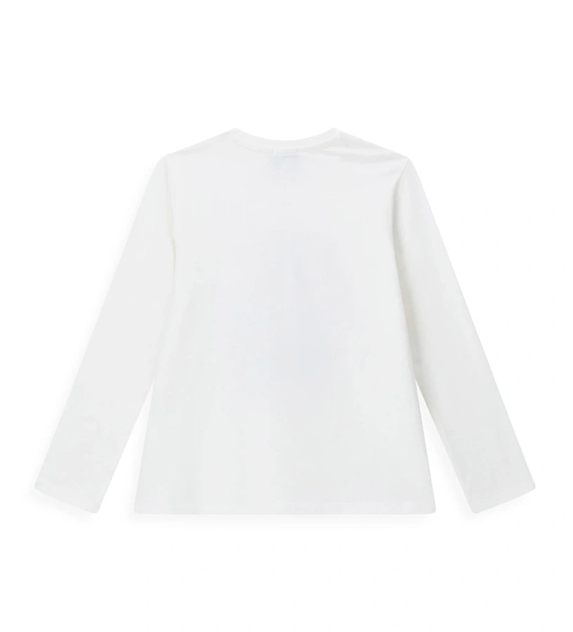 Μπλούζα με στρογγυλή λαιμόκοψη και μακριά μανίκια, από απαλό ύφασμα jersey, με τύπωμα και απλικέ στο μπροστινό μέρος. Ιδανική για casual αλλά πάντα μοντέρνες παιδικές εμφανίσεις, συνδυάζοντας άνεση και στυλ.