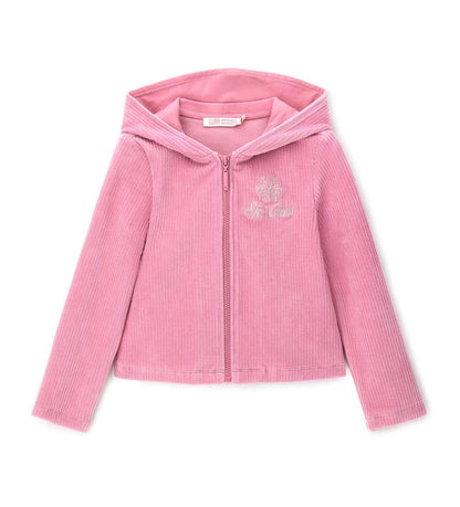 Ζακέτα με κουκούλα από απαλή και ζεστή πλεκτή βελούδινη chenille σε ριπ ύφανση. Διαθέτει μπροστινό άνοιγμα και διακοσμητικό κέντημα στο μπροστινό μέρος, για ένα cozy και super μοντέρνο look. Ιδανική για κοριτσίστικες χειμερινές εμφανίσεις με στυλ και άνεση.