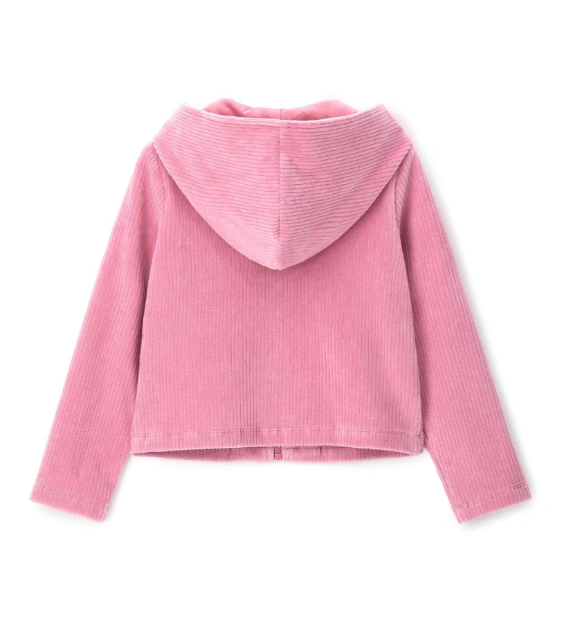 Ζακέτα με κουκούλα από απαλή και ζεστή πλεκτή βελούδινη chenille σε ριπ ύφανση. Διαθέτει μπροστινό άνοιγμα και διακοσμητικό κέντημα στο μπροστινό μέρος, για ένα cozy και super μοντέρνο look. Ιδανική για κοριτσίστικες χειμερινές εμφανίσεις με στυλ και άνεση.