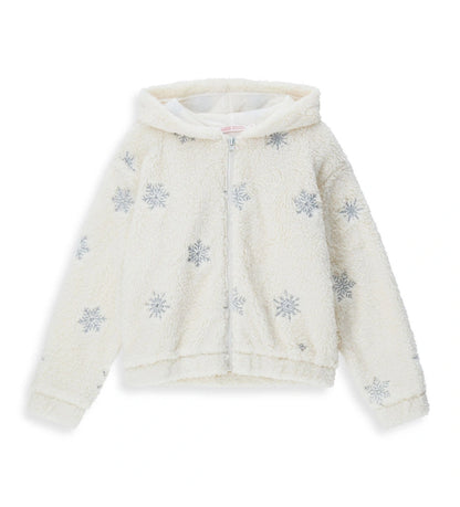 Ζακέτα με κουκούλα από πολύ απαλή ψεύτικη γούνα, με μπροστινό άνοιγμα. Διακοσμημένη με κέντημα lurex που προσθέτει μια κομψή και εξαιρετικά μοντέρνα πινελιά στο χειμερινό look.