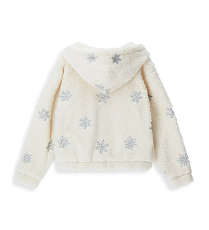 Ζακέτα με κουκούλα από πολύ απαλή ψεύτικη γούνα, με μπροστινό άνοιγμα. Διακοσμημένη με κέντημα lurex που προσθέτει μια κομψή και εξαιρετικά μοντέρνα πινελιά στο χειμερινό look.