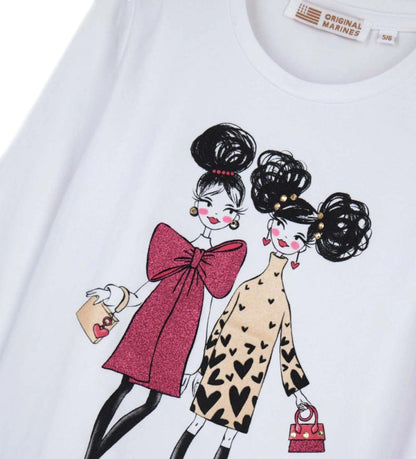 Μπλούζα από βαμβάκι με στρογγυλή λαιμόκοψη και μακριά μανίκια, διακοσμημένη με γραφικό σχέδιο, στάντρες και γκλίτερ για μια λαμπερή και μοντέρνα εμφάνιση.