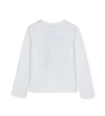 Μπλούζα από βαμβάκι με στρογγυλή λαιμόκοψη και μακριά μανίκια, διακοσμημένη με γραφικό σχέδιο, στάντρες και γκλίτερ για μια λαμπερή και μοντέρνα εμφάνιση.