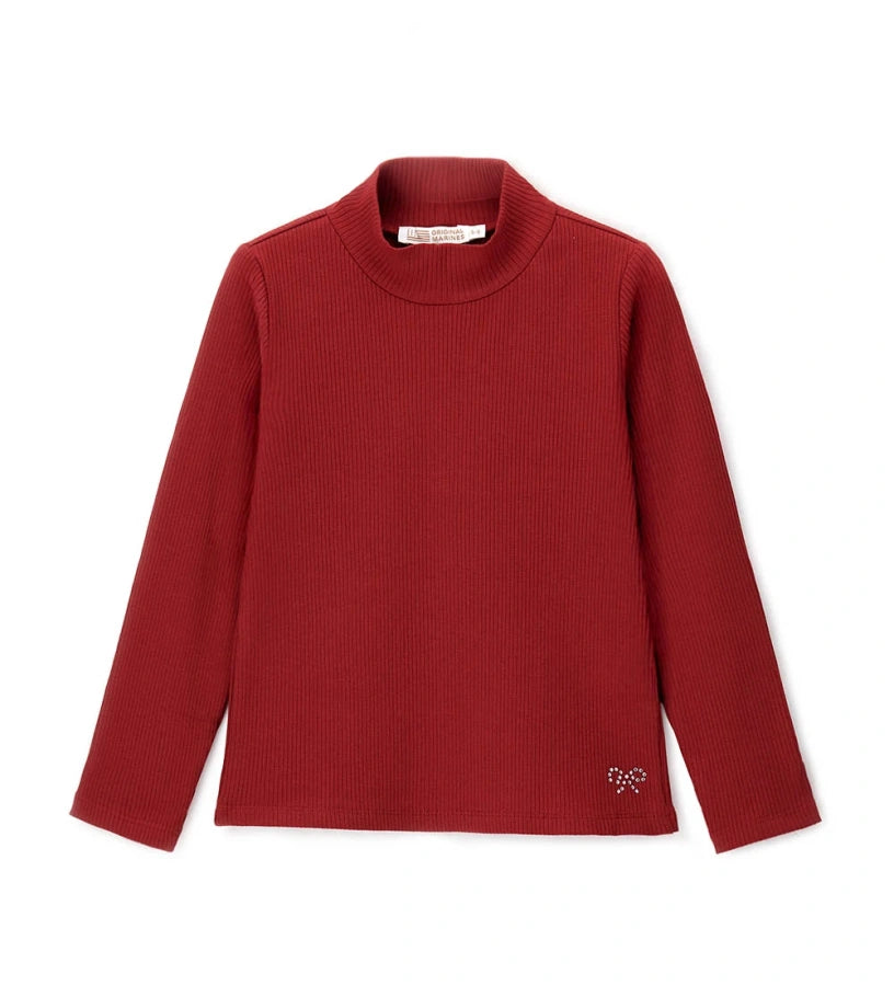 Μπλούζα με ψηλό λαιμό από ριπ βαμβάκι με μακριά μανίκια και διακοσμητική στρας στο κάτω μέρος μπροστά. Ένα κομμάτι κομψό και λαμπερό, ιδανικό για άνετο και μοντέρνο look.