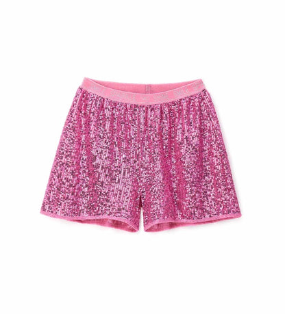 Βερμούδα από ύφασμα με πούλιες, με ελαστική μέση στο ίδιο χρώμα και βαμβακερή φόδρα για άνεση. Ένα λαμπερό και μοντέρνο κομμάτι, ιδανικό για κομψές και λαμπερές εμφανίσεις.