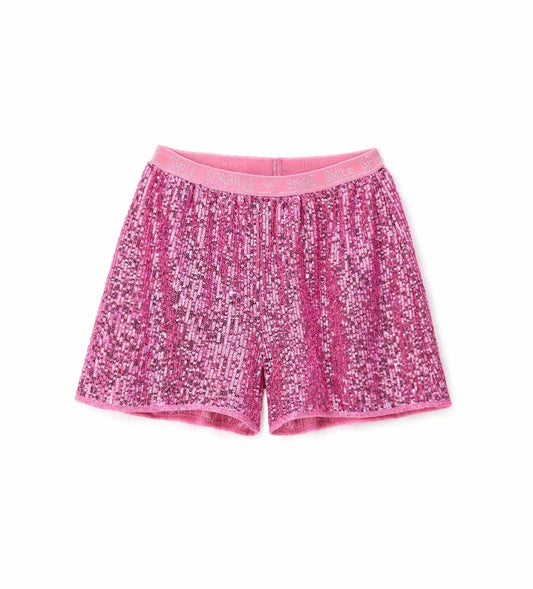 Βερμούδα από ύφασμα με πούλιες, με ελαστική μέση στο ίδιο χρώμα και βαμβακερή φόδρα για άνεση. Ένα λαμπερό και μοντέρνο κομμάτι, ιδανικό για κομψές και λαμπερές εμφανίσεις.