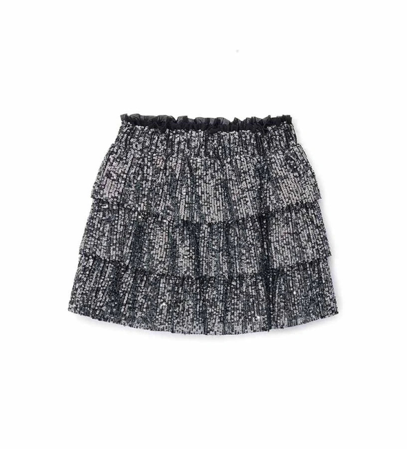 Φούστα από ύφασμα με πούλιες, με ελαστική μέση για άνετη εφαρμογή, τρία βολάν και βαμβακερή φόδρα, για μια λαμπερή εμφάνιση ιδανική για κάθε ιδιαίτερη περίσταση.