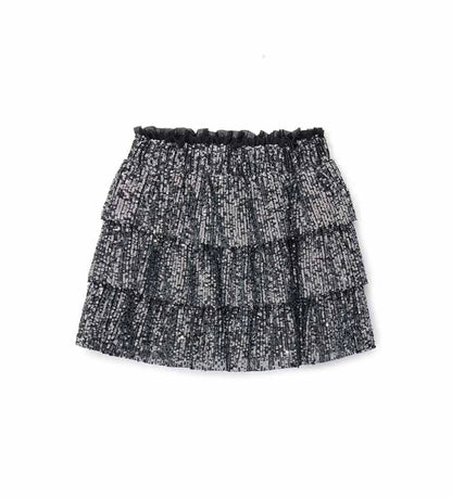 Φούστα από ύφασμα με πούλιες, με ελαστική μέση για άνετη εφαρμογή, τρία βολάν και βαμβακερή φόδρα, για μια λαμπερή εμφάνιση ιδανική για κάθε ιδιαίτερη περίσταση.