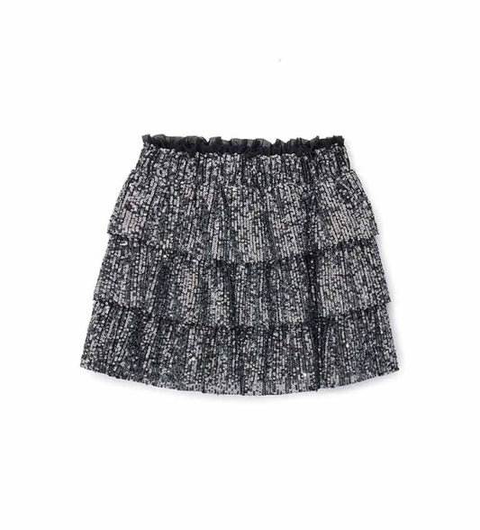 Φούστα από ύφασμα με πούλιες, με ελαστική μέση για άνετη εφαρμογή, τρία βολάν και βαμβακερή φόδρα, για μια λαμπερή εμφάνιση ιδανική για κάθε ιδιαίτερη περίσταση.