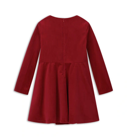 Φόρεμα από βελούδο με στρογγυλή λαιμόκοψη και κλείσιμο στο πίσω μέρος με αόρατο φερμουάρ. Μακριά μανίκια και βαμβακερή φόδρα, διακοσμημένο με φιόγκο στη μέση για ένα κομψό και εκλεπτυσμένο look.