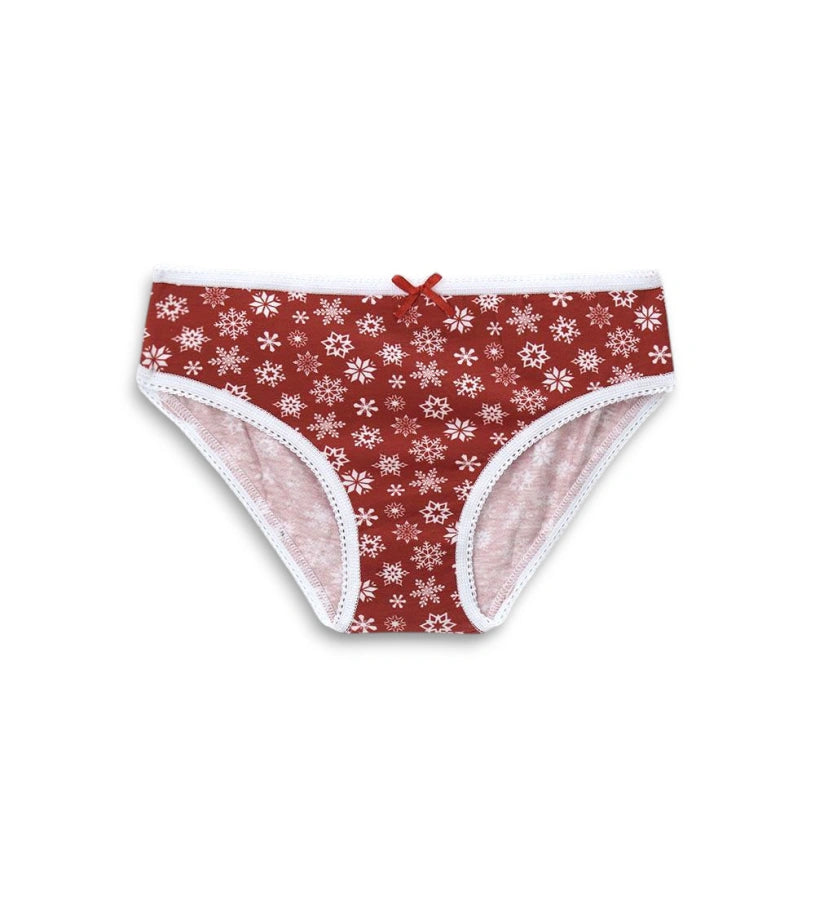 Βαμβακερό σλιπ με ελαστική μέση και χριστουγεννιάτικο σχέδιο allover. Με ελαστικό και διακοσμητικό τελείωμα, εμπλουτισμένο με μικρό σατέν φιόγκο στο μπροστινό μέρος για μια απαλή και κομψή πινελιά.