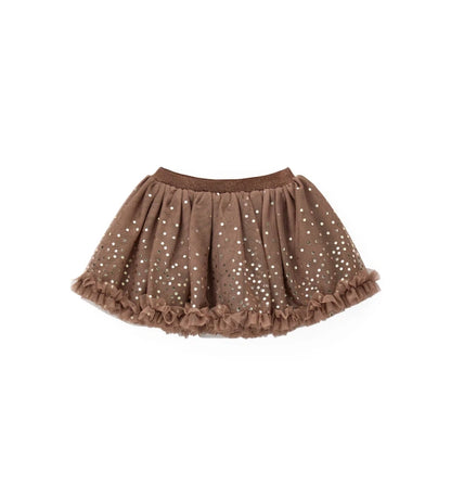 Φούστα από τούλι με ελαστική μέση για άνετη και πρακτική εφαρμογή. Διακοσμημένη με κομψό βολάν στο κάτω μέρος και μεταλλικό τύπωμα μπροστά και πίσω, για μια λαμπερή και μοντέρνα πινελιά.