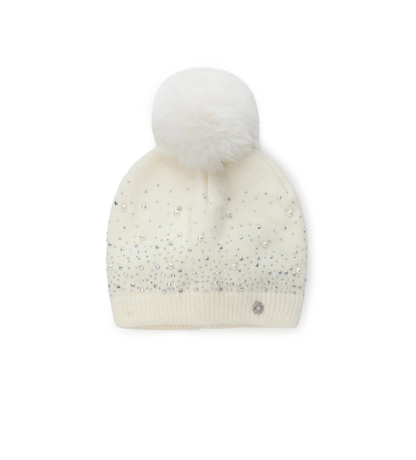 Πλεκτό σκουφάκι διακοσμημένο με στρας, τρουκς και πέρλες, ολοκληρωμένο με φουντάκι από οικολογική γούνα. Ένα ζεστό και κομψό αξεσουάρ που συνδυάζει στυλ και άνεση, χαρίζοντας μια πινελιά κλάσης στις χειμερινές εμφανίσεις.