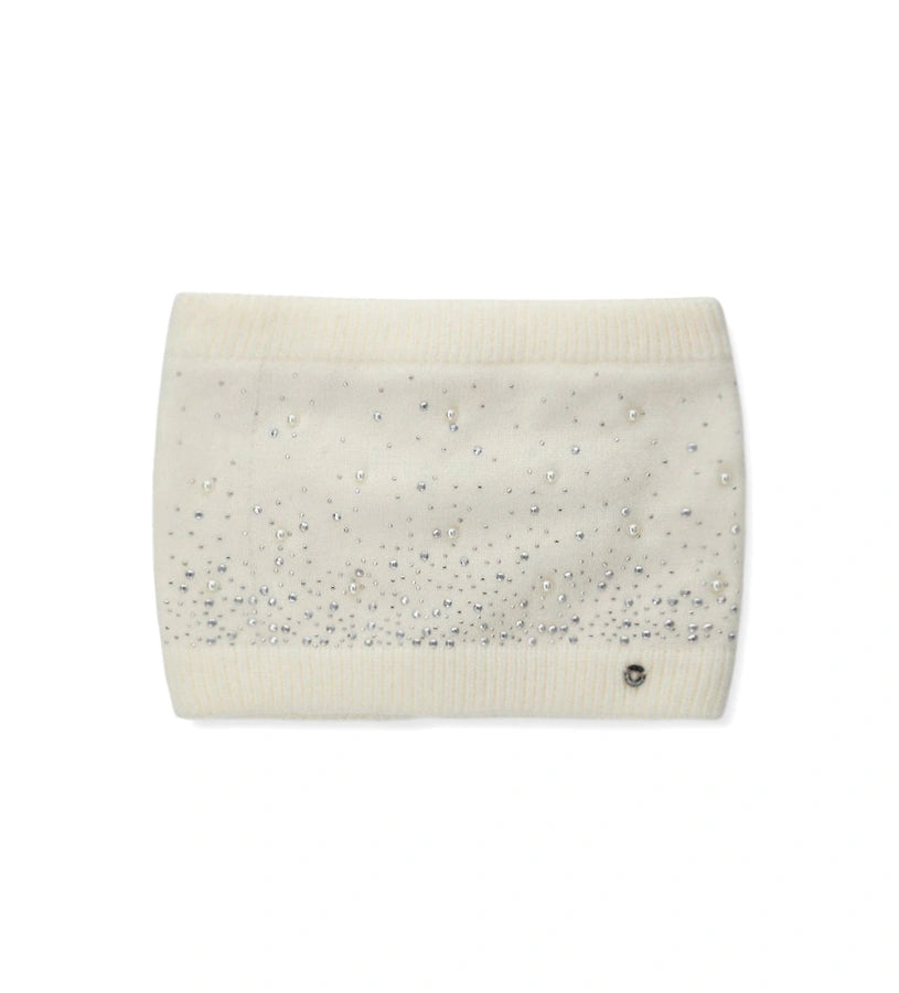 Πλεκτός λαιμός με διακοσμητικά στρας, τρουκς και πέρλες. Ένα ζεστό και εκλεπτυσμένο αξεσουάρ, ιδανικό για να χαρίσει κομψότητα και λάμψη στις χειμερινές εμφανίσεις.