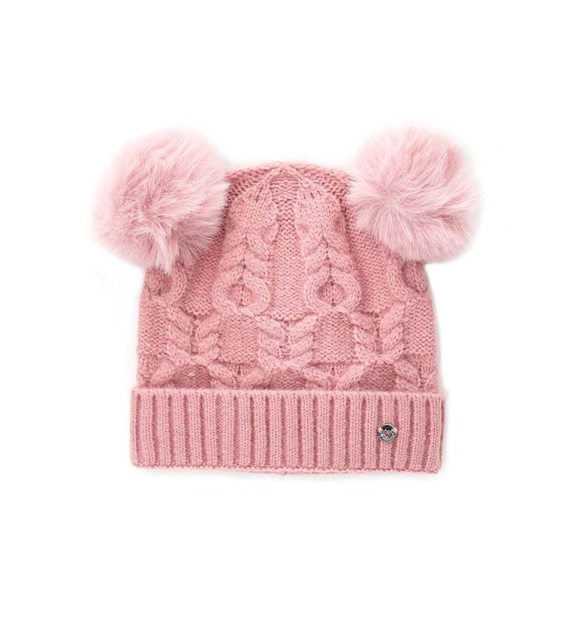 Πλεκτό σκουφάκι με ρεβέρ και δύο φουντάκια, ιδανικό για να προσθέσει μια χαρούμενη πινελιά στις χειμερινές εμφανίσεις.