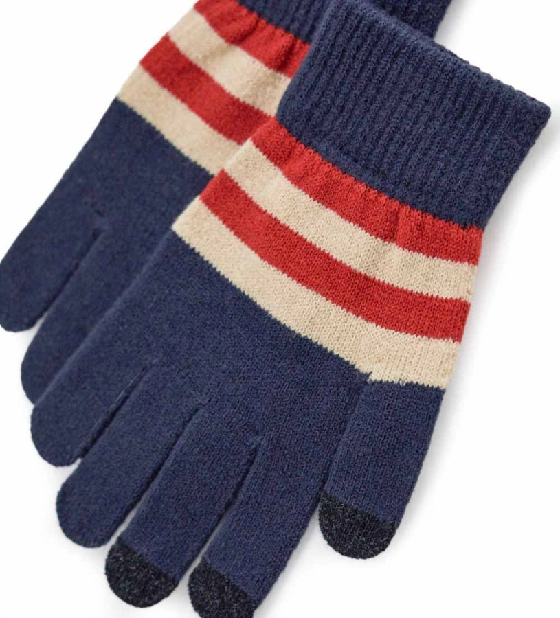 Ριγέ μαγικά γάντια αφής, ιδανικά για χρήση με κινητές συσκευές. Συνδυάζουν στυλ και λειτουργικότητα, διατηρώντας τα χέρια ζεστά ενώ χρησιμοποιείτε το κινητό ή το tablet σας. Ένα πρακτικό και μοντέρνο αξεσουάρ για τις κρύες μέρες του χειμώνα.