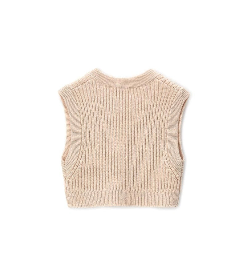 Γιλέκο μάλλινο, εμπλουτισμένο με νήμα lurex και ριμπ τελειώματα για ένα κομψό και λαμπερό στυλ.