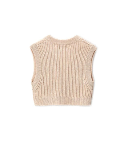 Γιλέκο μάλλινο, εμπλουτισμένο με νήμα lurex και ριμπ τελειώματα για ένα κομψό και λαμπερό στυλ.