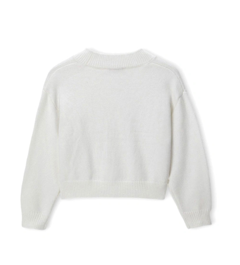 Πλεκτή ζακέτα από μείγμα μαλλιού με εμπρός άνοιγμα με κουμπιά και ριμπ τελειώματα σε λαιμό και μανσέτες. Διακοσμημένη με φιόγκους από μείγμα μαλλιού και μεταλλικό μενταγιόν για μια κομψή και εκλεπτυσμένη εμφάνιση.