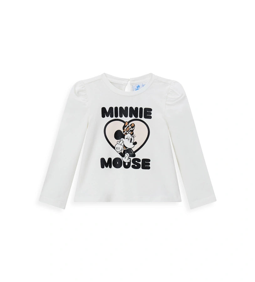 Λευκή μπλούζα Disney Minnie Mouse από ελαστικό βαμβάκι με στρογγυλή λαιμόκοψη, μακριά μανίκια με βολάν, δάκρυ άνοιγμα με κουμπί στο πίσω μέρος και μπροστινό τύπωμα με γκλίτερ λεπτομέρειες.