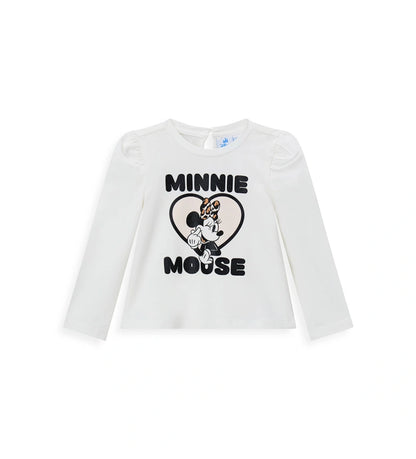 Λευκή μπλούζα Disney Minnie Mouse από ελαστικό βαμβάκι με στρογγυλή λαιμόκοψη, μακριά μανίκια με βολάν, δάκρυ άνοιγμα με κουμπί στο πίσω μέρος και μπροστινό τύπωμα με γκλίτερ λεπτομέρειες.