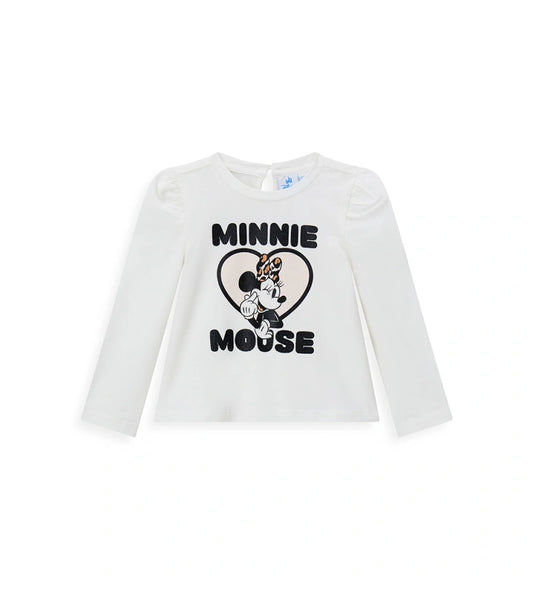 Λευκή μπλούζα Disney Minnie Mouse από ελαστικό βαμβάκι με στρογγυλή λαιμόκοψη, μακριά μανίκια με βολάν, δάκρυ άνοιγμα με κουμπί στο πίσω μέρος και μπροστινό τύπωμα με γκλίτερ λεπτομέρειες.