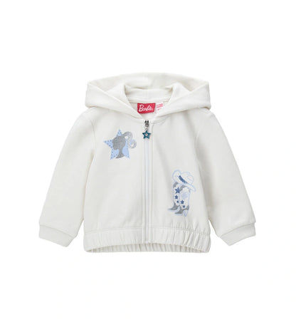 Ζεστή ζακέτα από ελαστικό βαμβάκι με επενδυμένη κουκούλα και μακριά μανίκια. Διαθέτει μπροστινό άνοιγμα με φερμουάρ, εντυπωσιακό τύπωμα με γκλίτερ λεπτομέρειες και επιγραφή Barbie στην κουκούλα. Το ελαστικό τελείωμα στη βάση προσφέρει καλύτερη εφαρμογή και άνεση. Ένα μοντέρνο και λαμπερό κομμάτι, ιδανικό για κοριτσίστικες casual εμφανίσεις με στυλ.