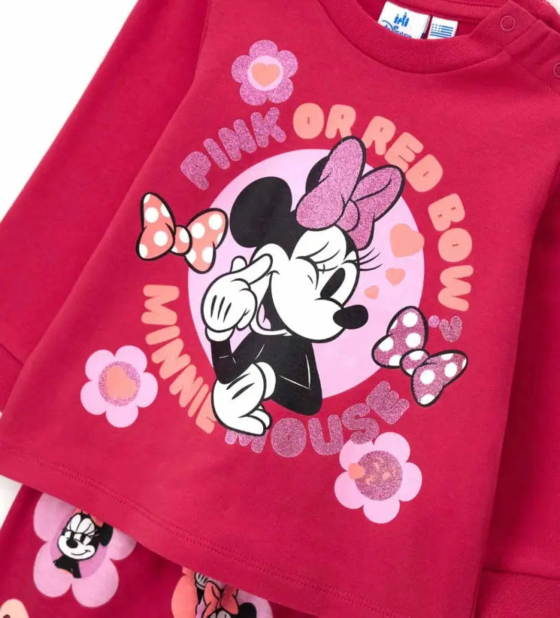Παιδικές πιτζάμες Minnie Mouse – μπλούζα και παντελόνι από βαμβάκι

Μπλούζα Minnie Mouse με print και άνοιγμα στον ώμο

Παντελόνι πιτζάμας με allover print Minnie Mouse και φιόγκο

Λεπτομέρεια ribbed τελειωμάτων σε παιδικές πιτζάμες Minnie Mouse