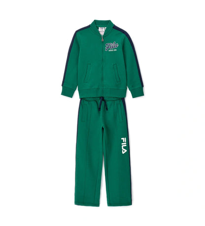 Σετ φόρμας Fila από τεχνικό ύφασμα, με μπλούζα μακρυμάνικη που διαθέτει κρυφό φερμουάρ, τύπωμα στο μπροστινό μέρος και ριμπ τελειώματα, και παντελόνι με ρυθμιζόμενο κορδόνι στη μέση, τυπωμένο λογότυπο και κεντημένη ετικέτα στο πλάι.