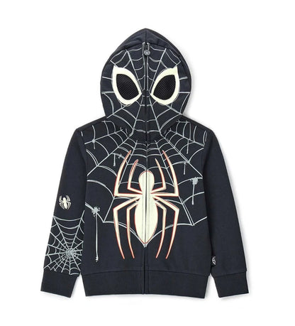 Παιδικό φούτερ Spiderman από βαμβάκι με κουκούλα τύπου “μάσκα”, φερμουάρ και ριμπ τελειώματα. Διακοσμημένο με τυπώματα που φωσφορίζουν στο σκοτάδι, στο μπροστινό, πίσω μέρος και στα μανίκια, για να μεταμορφώνεται κάθε μικρός ήρωας σε πραγματικό Spiderman τη νύχτα του Halloween. Άνετο, ζεστό και εντυπωσιακό για κάθε περίσταση.
