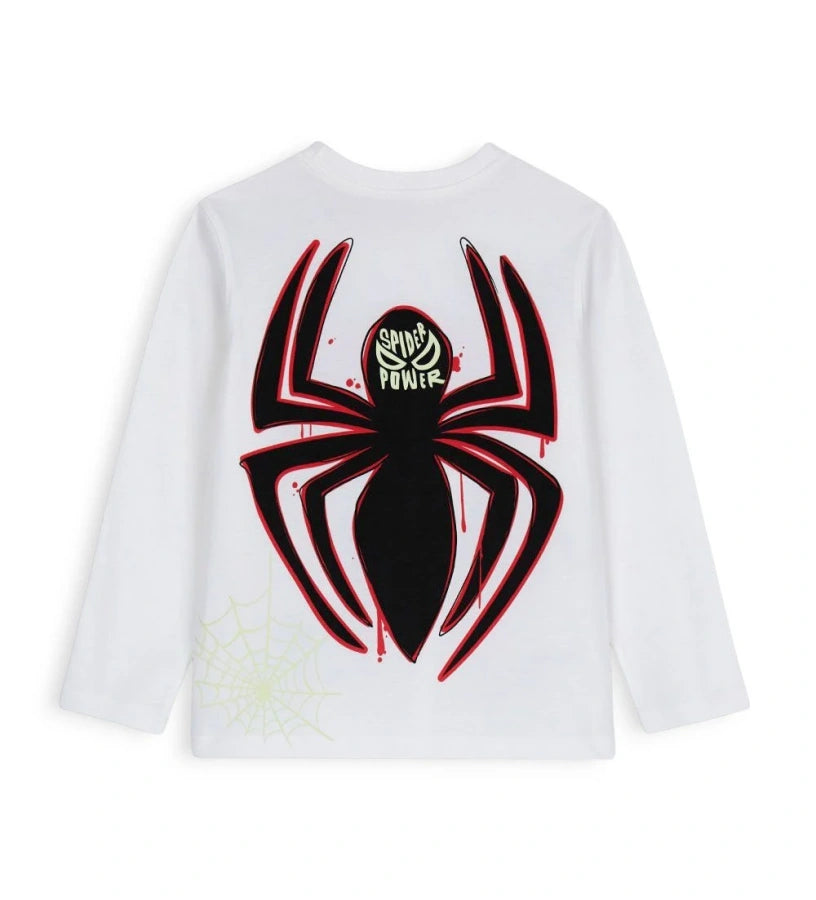 Παιδική μπλούζα Spiderman με μακριά μανίκια από βαμβάκι, ριμπ τελειώματα και τυπώματα που φωσφορίζουν στο σκοτάδι, μπροστά και πίσω. Ιδανική για να προσθέσει μια δόση υπερηρωικής μαγείας τη νύχτα του Halloween, προσφέροντας άνεση και εντυπωσιακό στυλ.