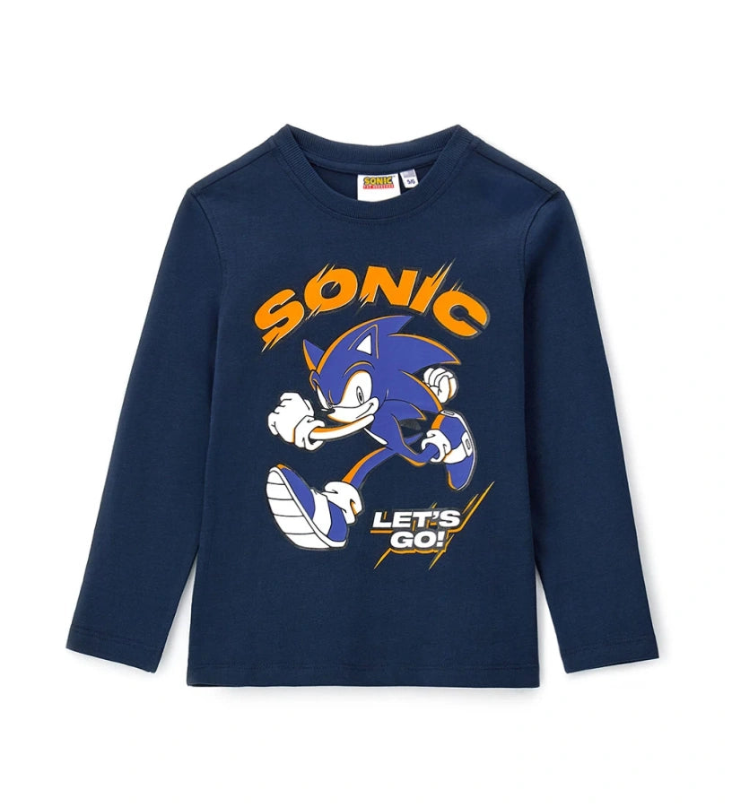 Μπλε μπλούζα Sonic με μακριά μανίκια από ζεστό βαμβάκι, ριμπ λαιμόκοψη και μπροστινό τύπωμα με λεπτομέρειες flock για μια απαλή και πρωτότυπη πινελιά.