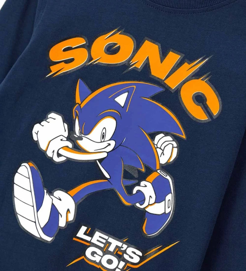 Μπλε μπλούζα Sonic με μακριά μανίκια από ζεστό βαμβάκι, ριμπ λαιμόκοψη και μπροστινό τύπωμα με λεπτομέρειες flock για μια απαλή και πρωτότυπη πινελιά.