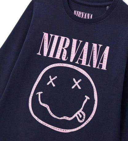 Μπλούζα Nirvana από ελαστικό βαμβάκι με στρογγυλή λαιμόκοψη, μακριά μανίκια, εμβληματικό τύπωμα και διακοσμητικές λεπτομέρειες με στρας στο μπροστινό μέρος για ένα ροκ και λαμπερό look.