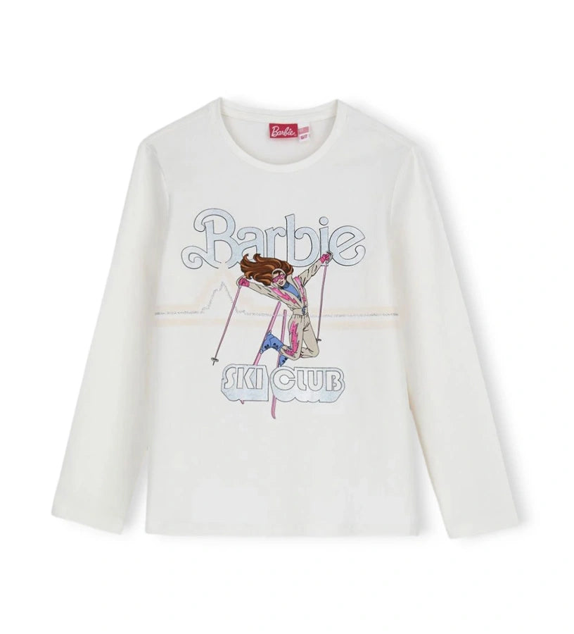 Παιδική μπλούζα *Barbie* από ελαστικό βαμβάκι με στρογγυλή λαιμόκοψη και μακριά μανίκια. Διακοσμημένη με πολύχρωμο τύπωμα και μεταλλικές λεπτομέρειες στο μπροστινό μέρος, προσφέρει μοντέρνο και λαμπερό στυλ. Ιδανική για κοριτσίστικες εμφανίσεις με άνεση και γκλάμουρ.