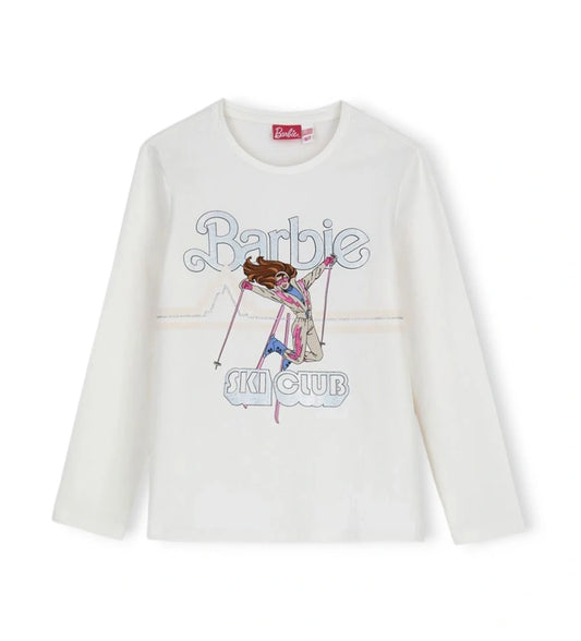 Παιδική μπλούζα *Barbie* από ελαστικό βαμβάκι με στρογγυλή λαιμόκοψη και μακριά μανίκια. Διακοσμημένη με πολύχρωμο τύπωμα και μεταλλικές λεπτομέρειες στο μπροστινό μέρος, προσφέρει μοντέρνο και λαμπερό στυλ. Ιδανική για κοριτσίστικες εμφανίσεις με άνεση και γκλάμουρ.