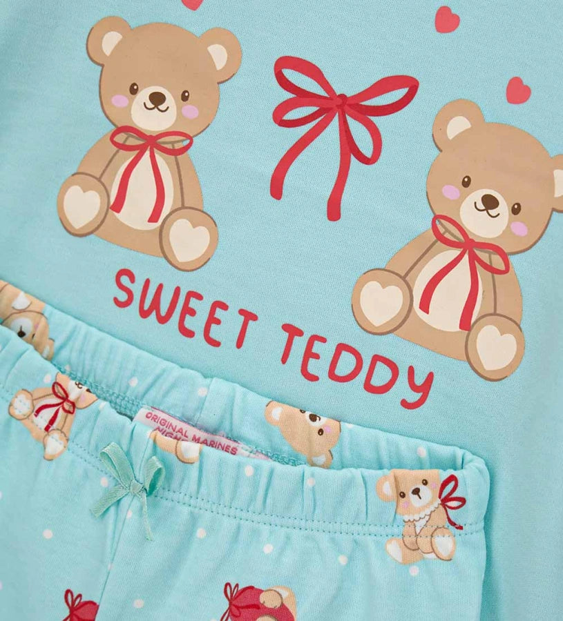 σιέλ βρεφική βαμβακερή πυτζάμα Original Marines με στάμπα Sweet Teddy, βολάν στους ώμους και παντελόνι allover print.