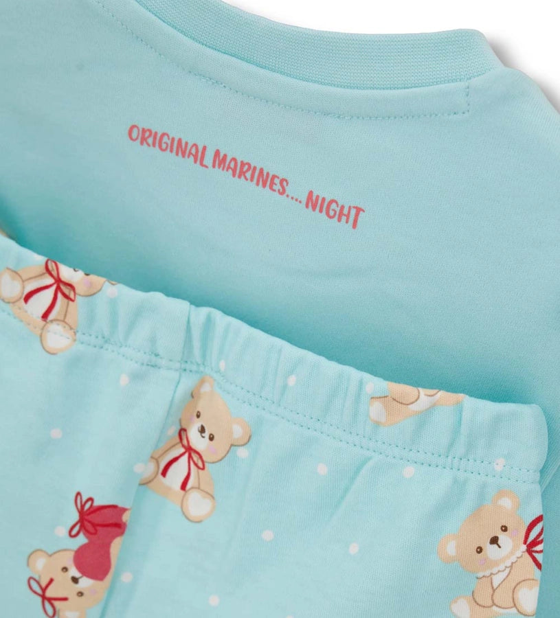 σιέλ βρεφική βαμβακερή πυτζάμα Original Marines με στάμπα Sweet Teddy, βολάν στους ώμους και παντελόνι allover print.