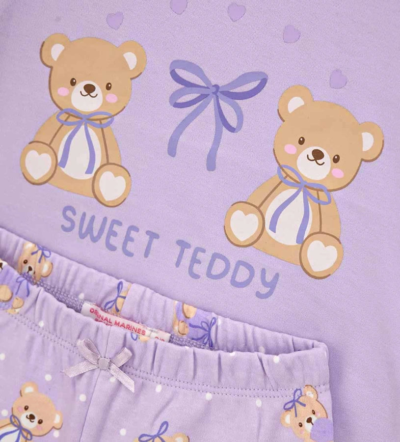 λιλά βρεφική βαμβακερή πυτζάμα Original Marines με στάμπα Sweet Teddy, βολάν στους ώμους και παντελόνι allover print.