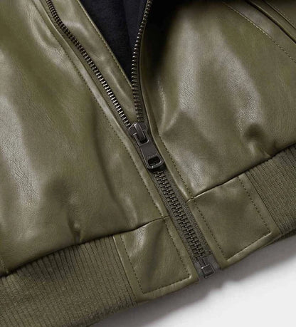 χακί παιδικό bomber μπουφάν δερματίνη Original Marines με μαύρη κουκούλα φούτερ και διπλό φερμουάρ.