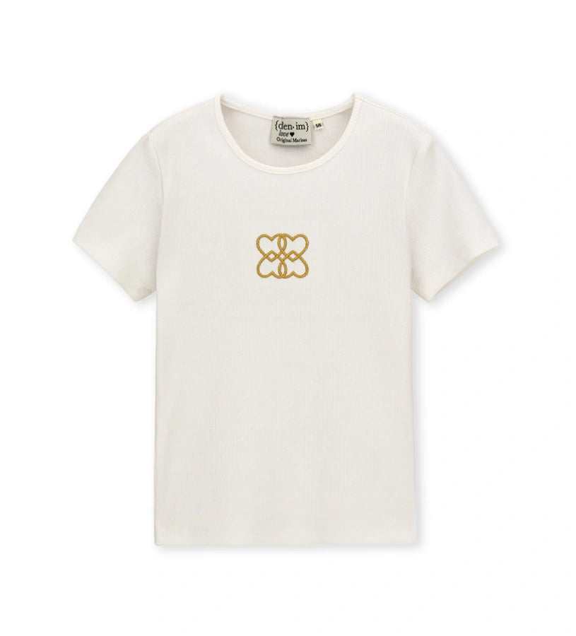 λευκό κοριτσίστικο ριμπ κοντομάνικο t-shirt Original Marines με χρυσό κέντημα στο στήθος.