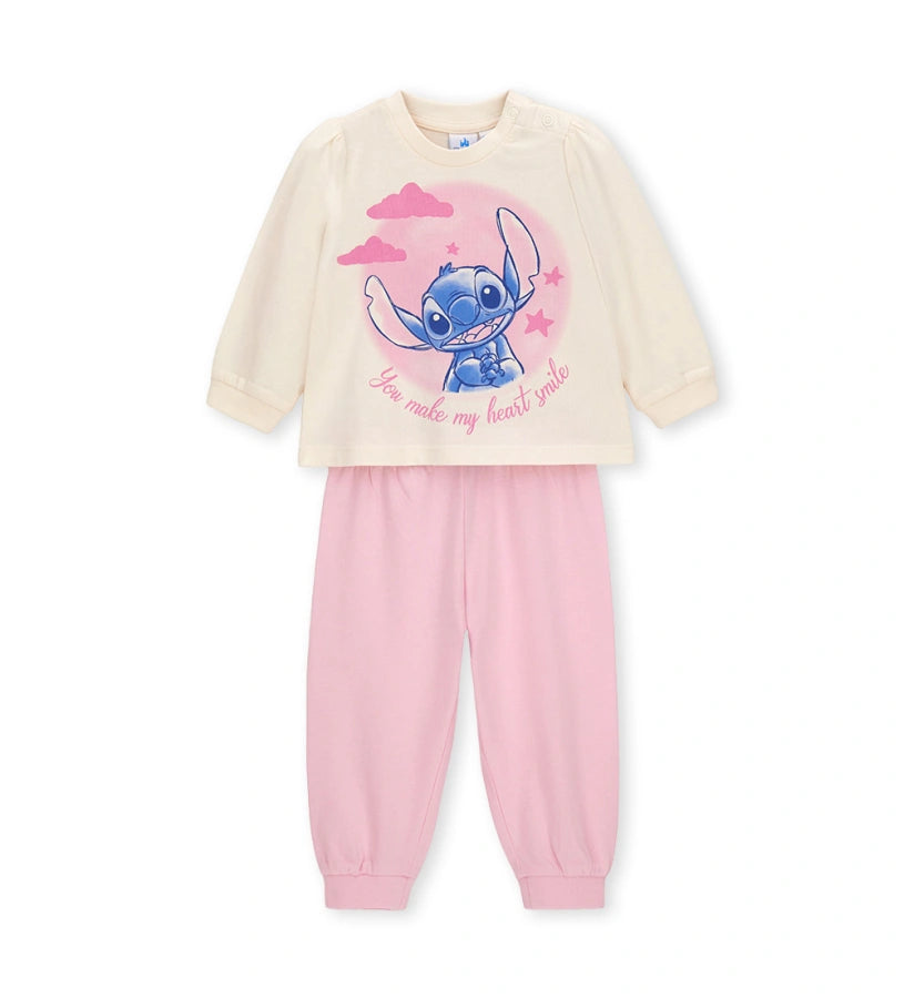 Παιδικές βαμβακερές πυτζάμες Original Marines με τον Stitch της Disney, σε λευκό και ροζ χρώμα, για κορίτσια 3-36 μηνών.