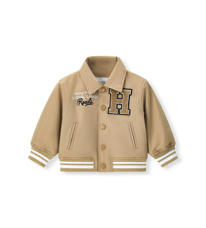 Παιδικό μπουφάν bomber για αγόρι με επένδυση, γιακά πουκάμισου και patches.