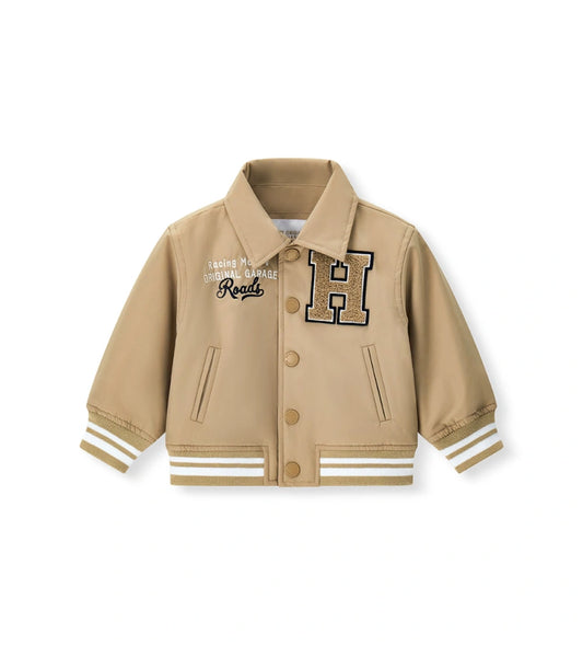 Παιδικό μπουφάν bomber για αγόρι με επένδυση, γιακά πουκάμισου και patches.