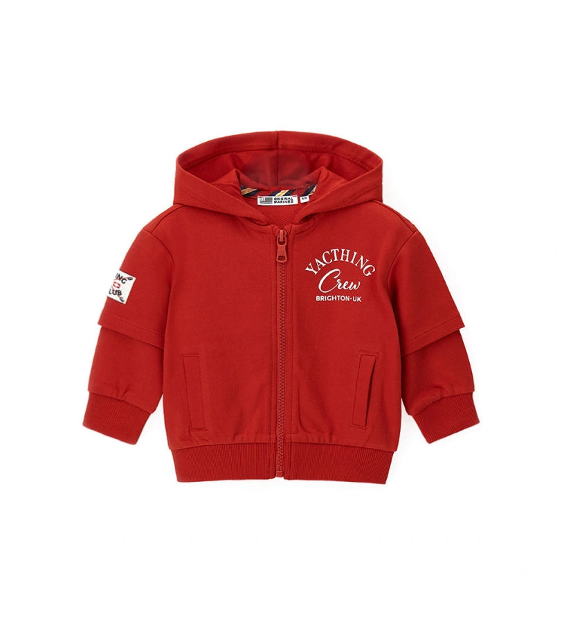Παιδική βαμβακερή ζακέτα hoodie για αγόρι σε κόκκινο χρώμα με φερμουάρ και τύπωμα.