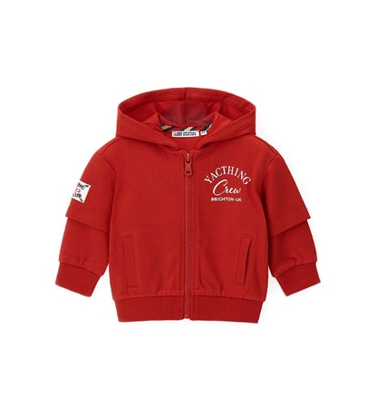 Παιδική βαμβακερή ζακέτα hoodie για αγόρι σε κόκκινο χρώμα με φερμουάρ και τύπωμα.